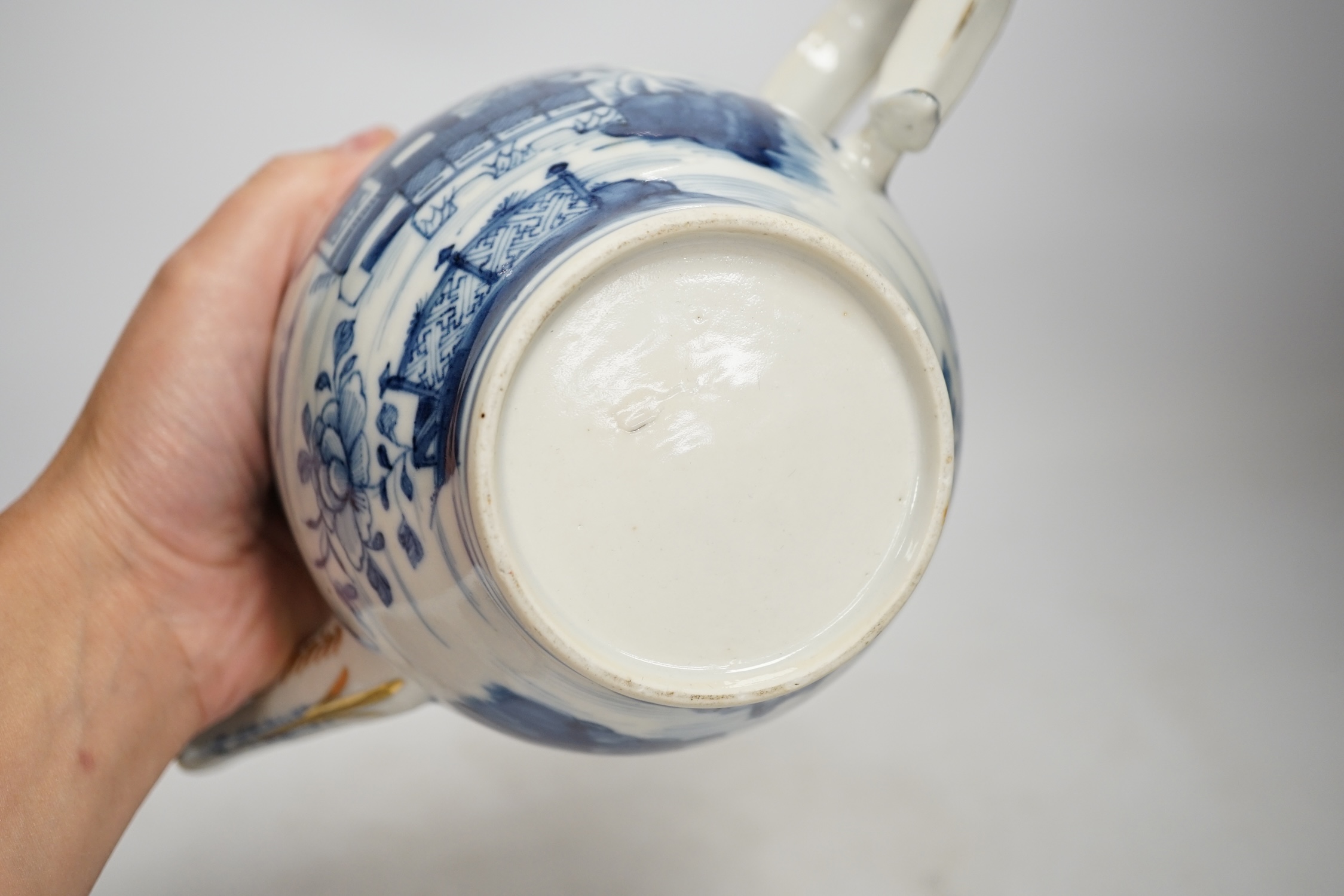 A Chinese blue and white teapot and cover, a prunus dish and an Imari patterned dish, all 18th century, teapot 19cm high. Condition - prunus dish and teapot cover chipped